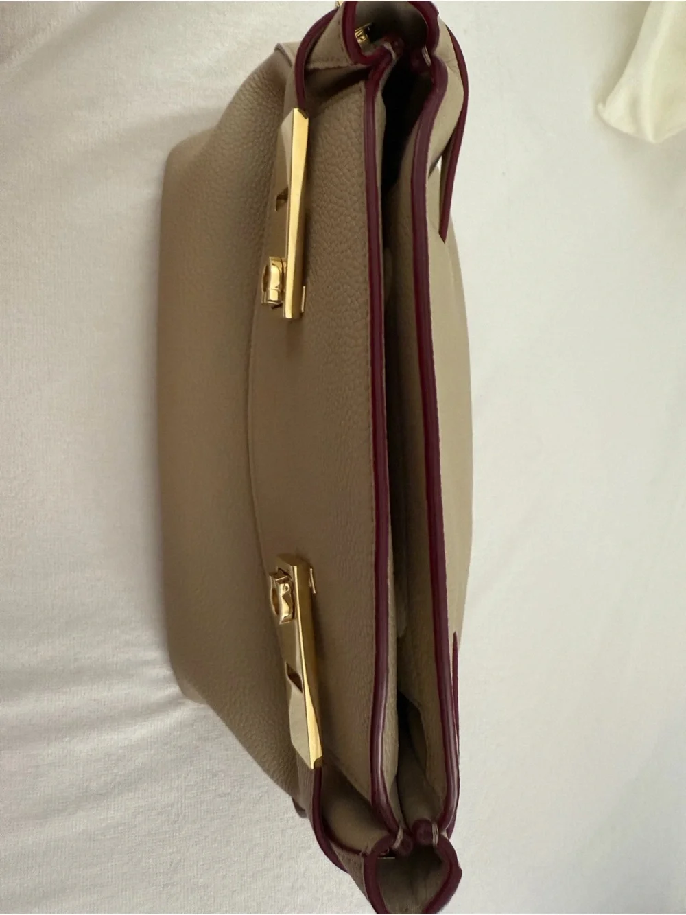 Ferragamo “XS Hug” Gold Hardware and Burgundy Trim